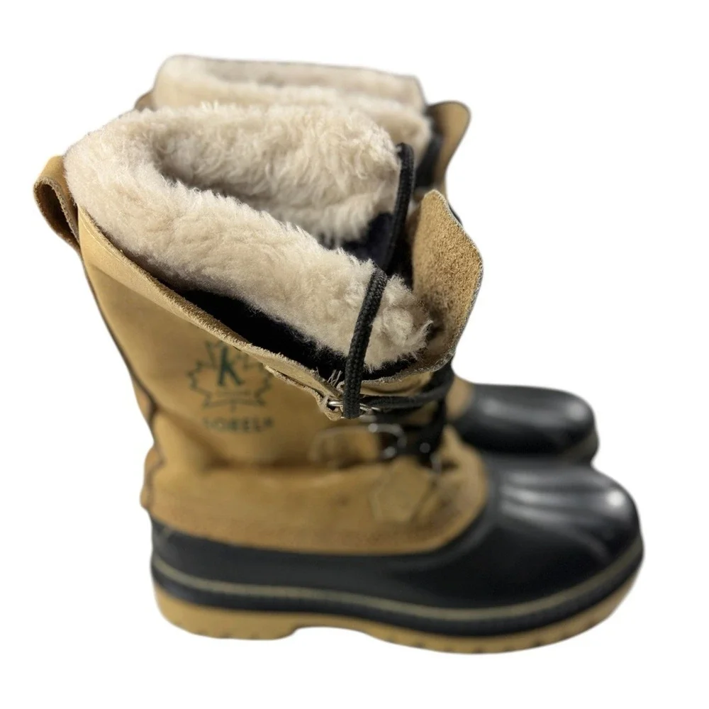 Sorel Kaufman Buffalo Winter Boots Mens 7 Made in Canada Tan Black Leather Wool